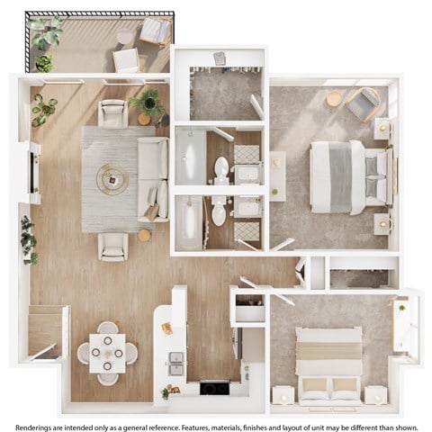 Floor plan for 2 beds, 2 baths, 1040 sqft